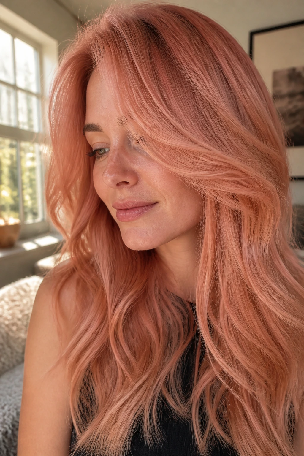 Real woman with peachy pink copper hair in warm light