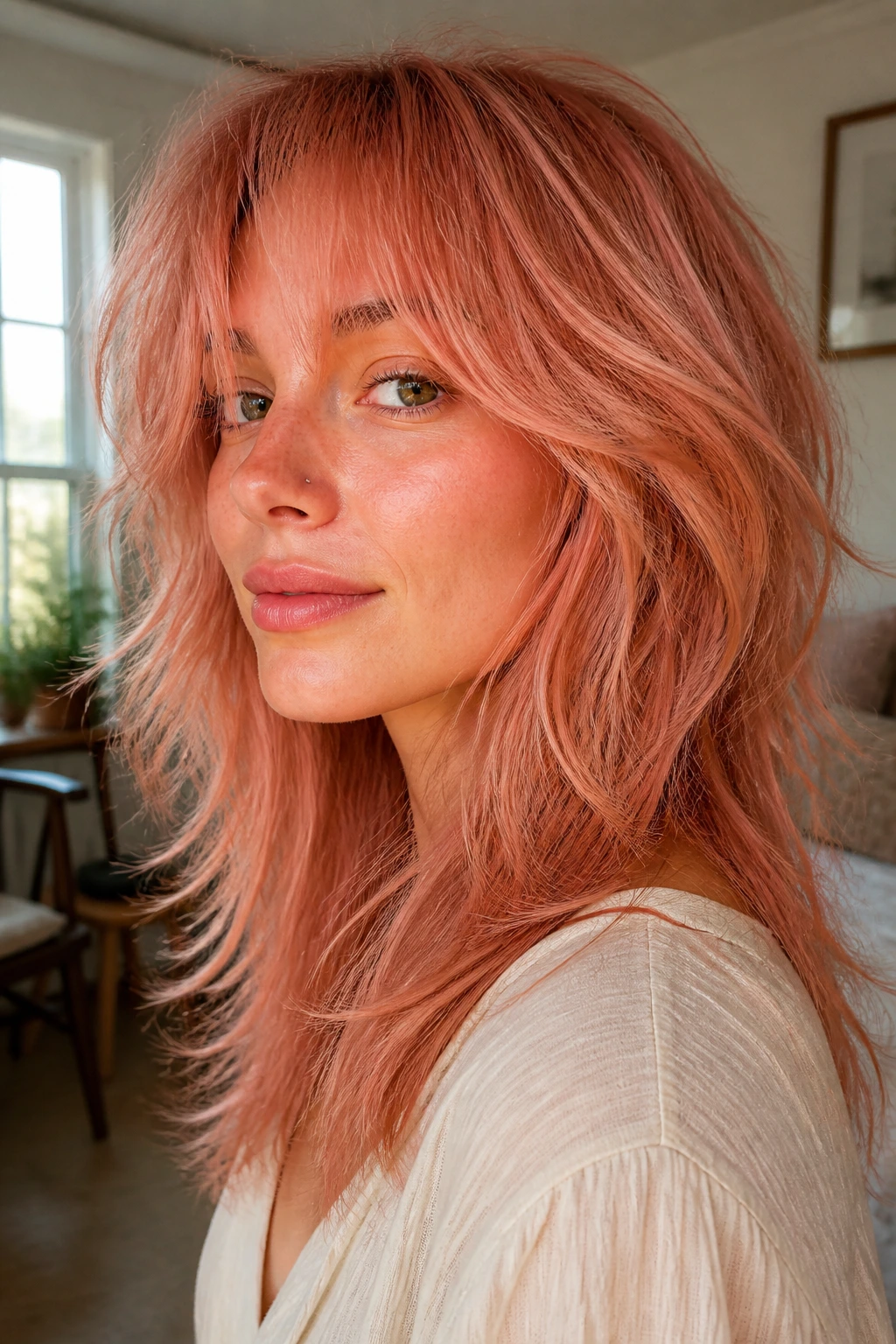 Real woman with pink copper shag hairstyle in natural light