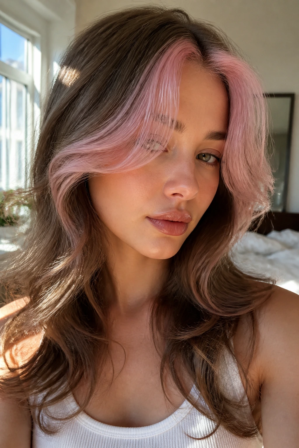 Close-up portrait of a real woman with cherry blossom pink curtain bangs framing her face