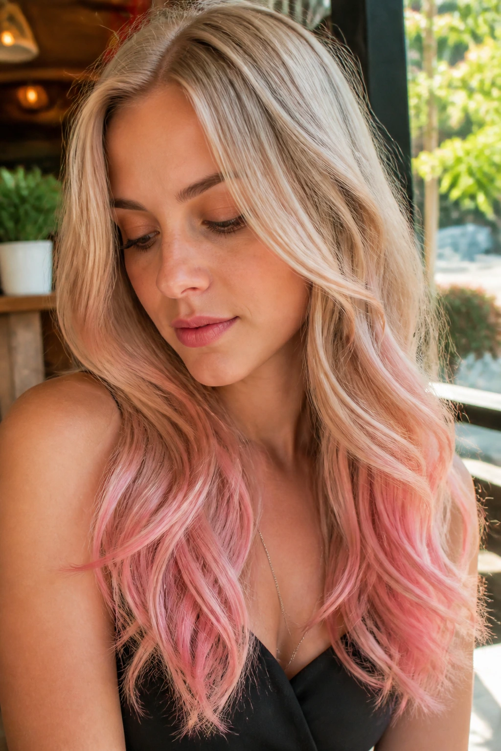 Close-up of a real woman with cotton candy pink ends and beige roots in natural cafe light