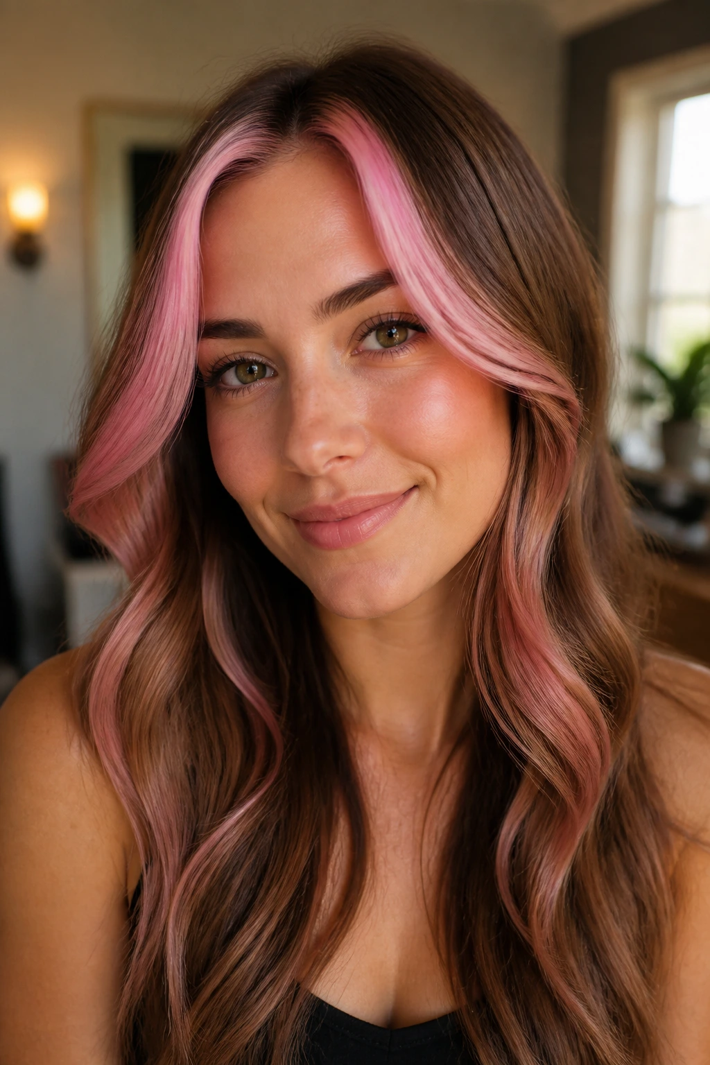 Close-up of pink face-framing layers on a real woman's hair