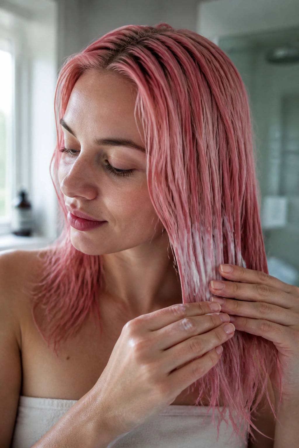 Close-up of pink hair care routine on a real person in a bathroom