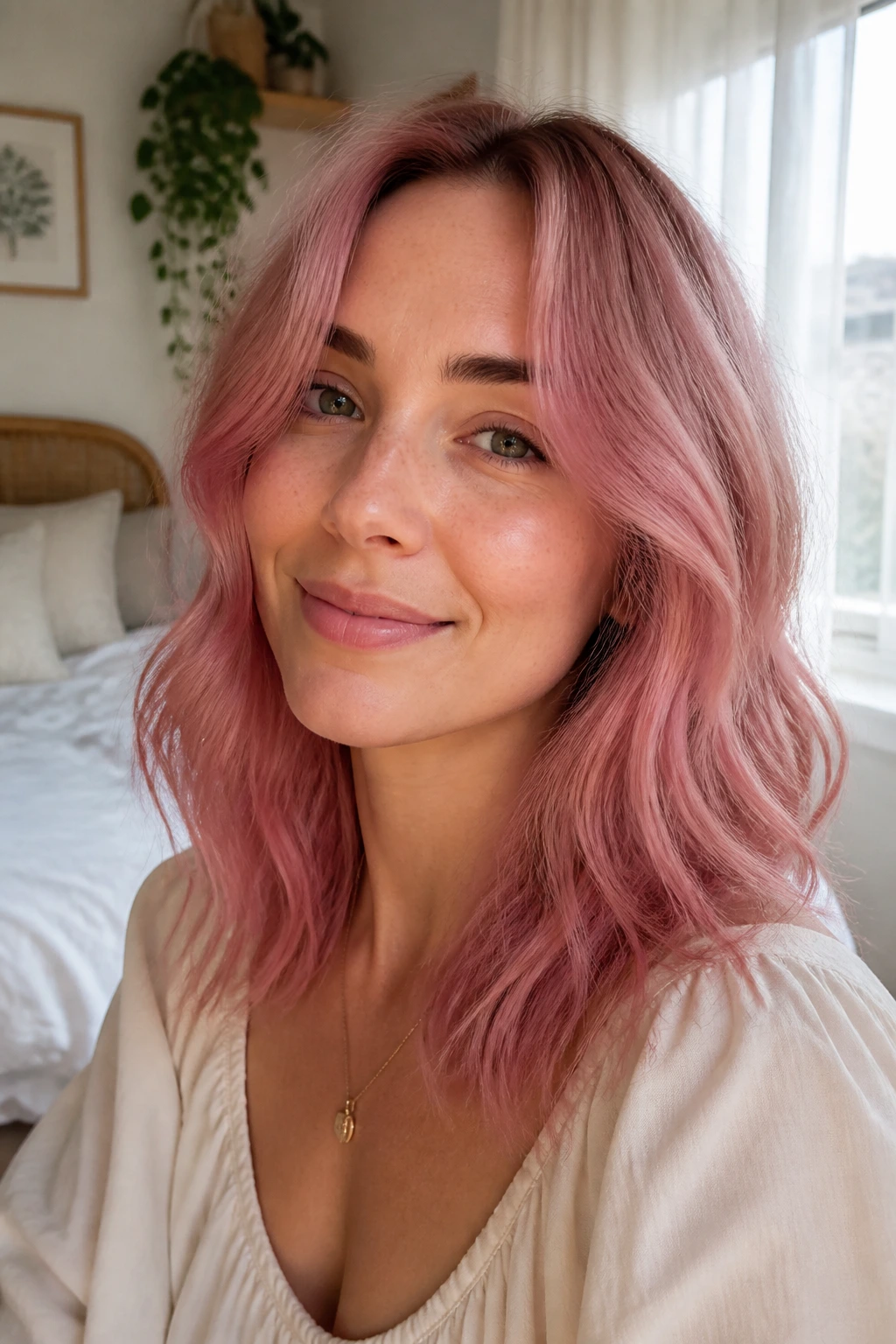 Close-up portrait of a real woman with dusty rose pink hair in natural daylight.