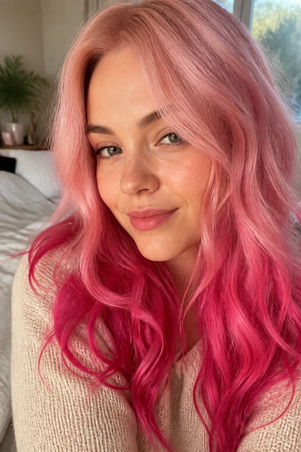 Portrait of a real woman with soft pink hair gradient in cozy bedroom lighting