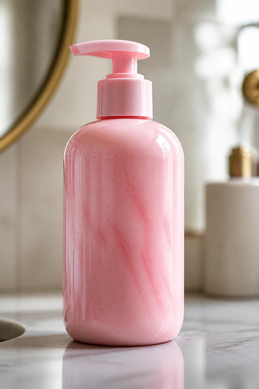 Close-up of a pastel pink color-depositing conditioner bottle on bathroom counter