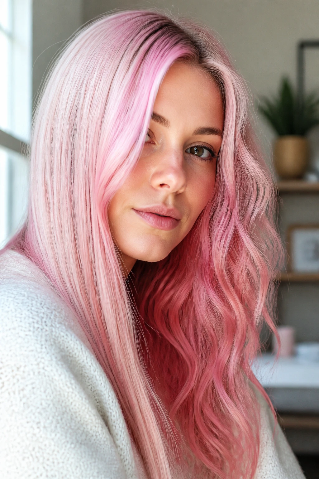 Close-up of a real woman with pink hair showing varied tones and textures in natural light