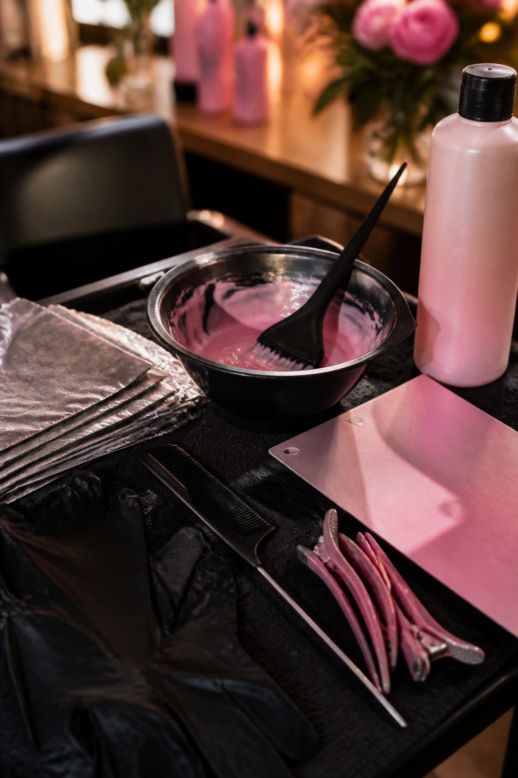 Close-up of pink hair coloring tools arranged on a salon surface