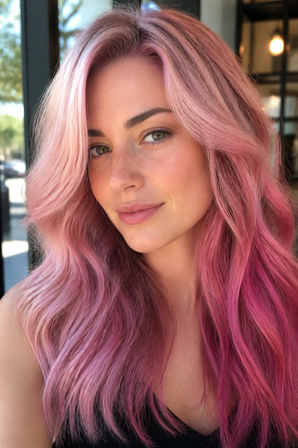 Portrait of a person with multi-toned pink hair showing gradient shades