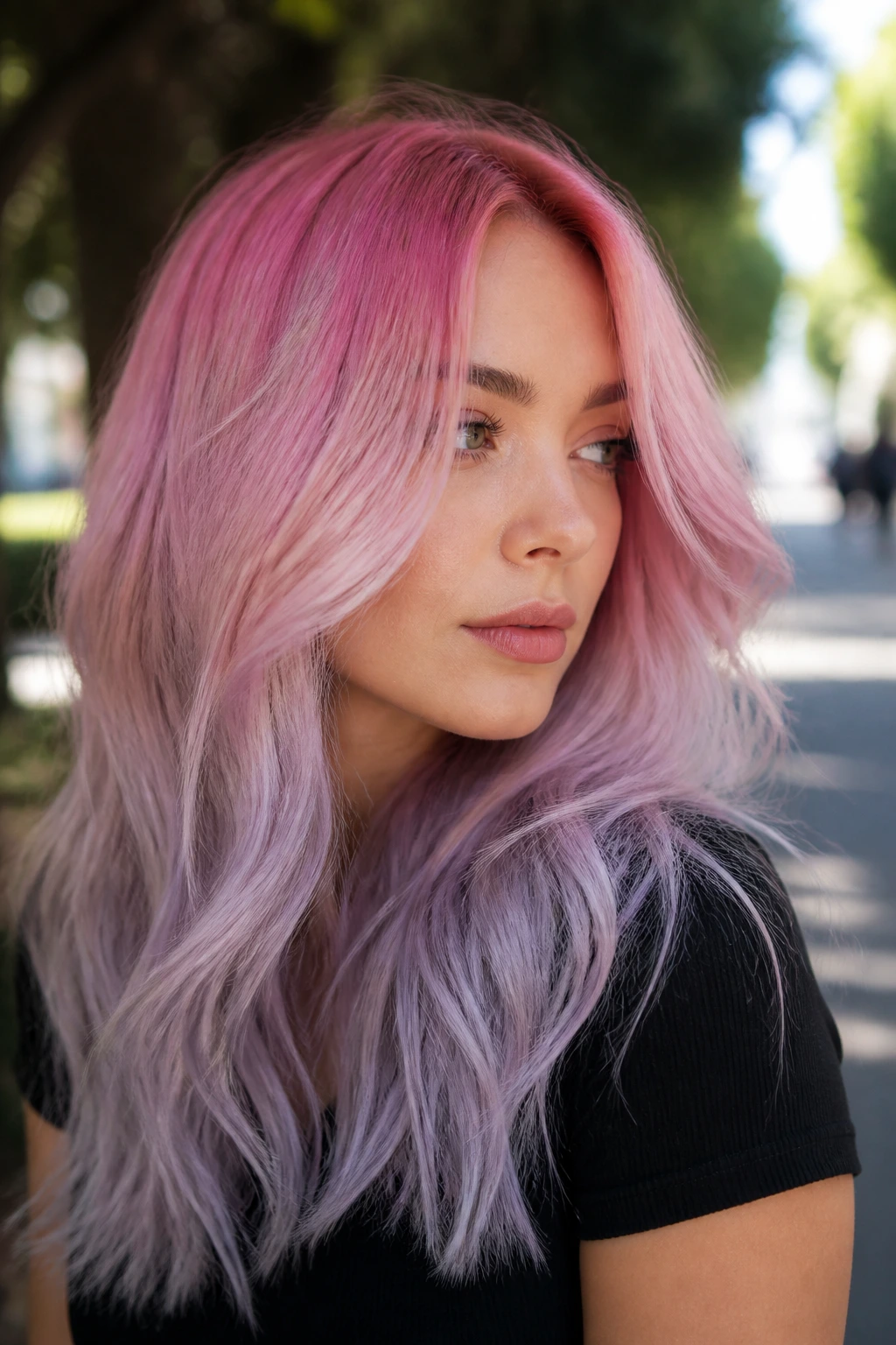 Close-up of a woman with a pink-to-lilac gradient hairstyle