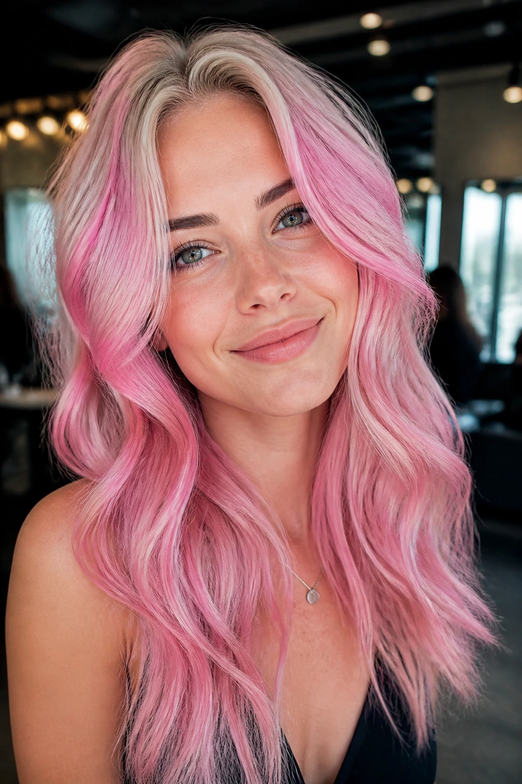 Close-up of a real woman with pink on platinum hair and crisp contrast.