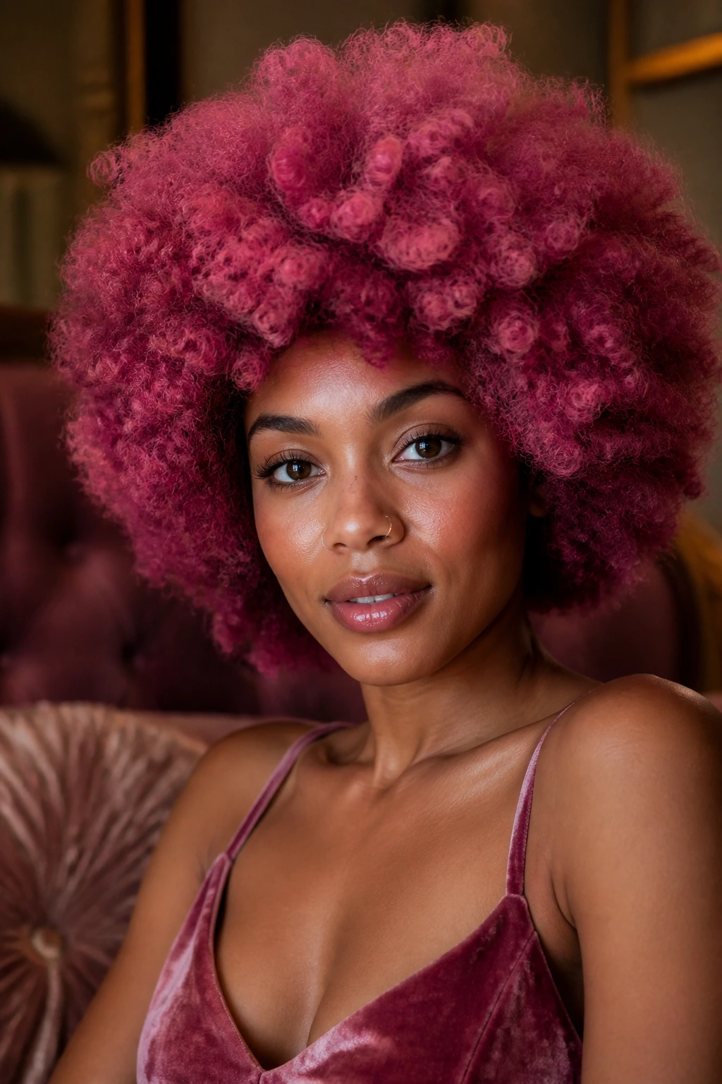 Pink velvet Afro on a real woman, plush texture and depth