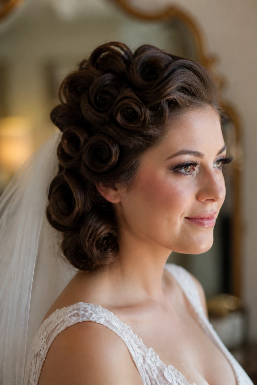 Close-up of a real bride with pinned-back barrel curls.