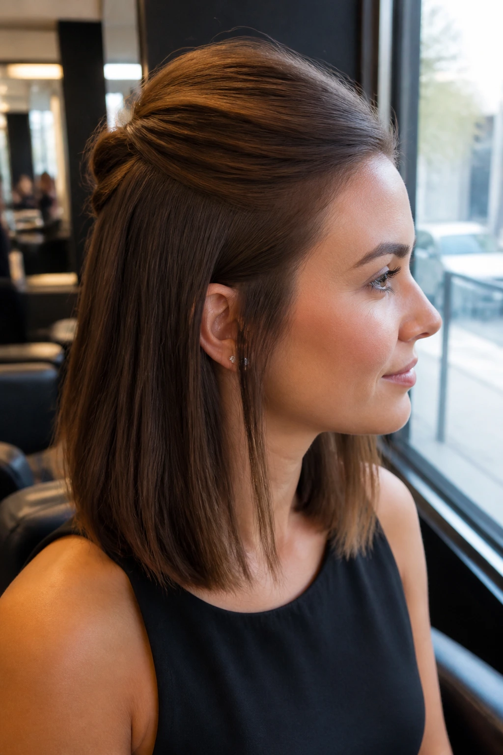 Close-up of pinned-back crown on a real woman's straight hair.