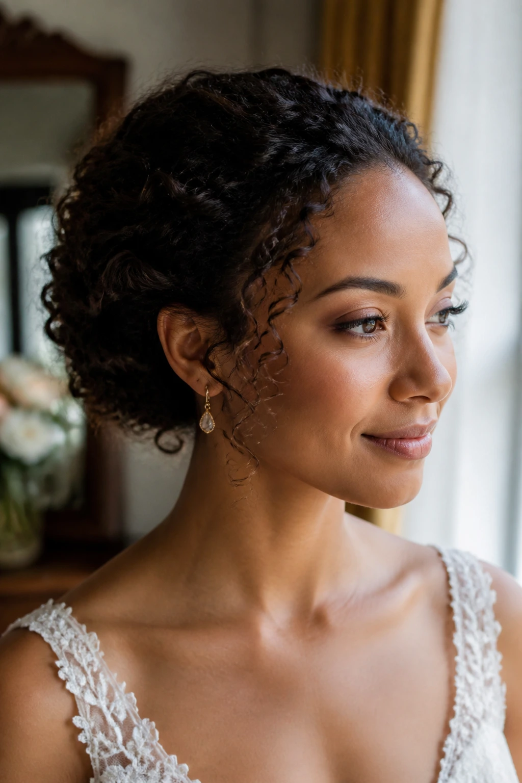 Pinned-Back natural curls on a real bride in a softly lit bridal suite