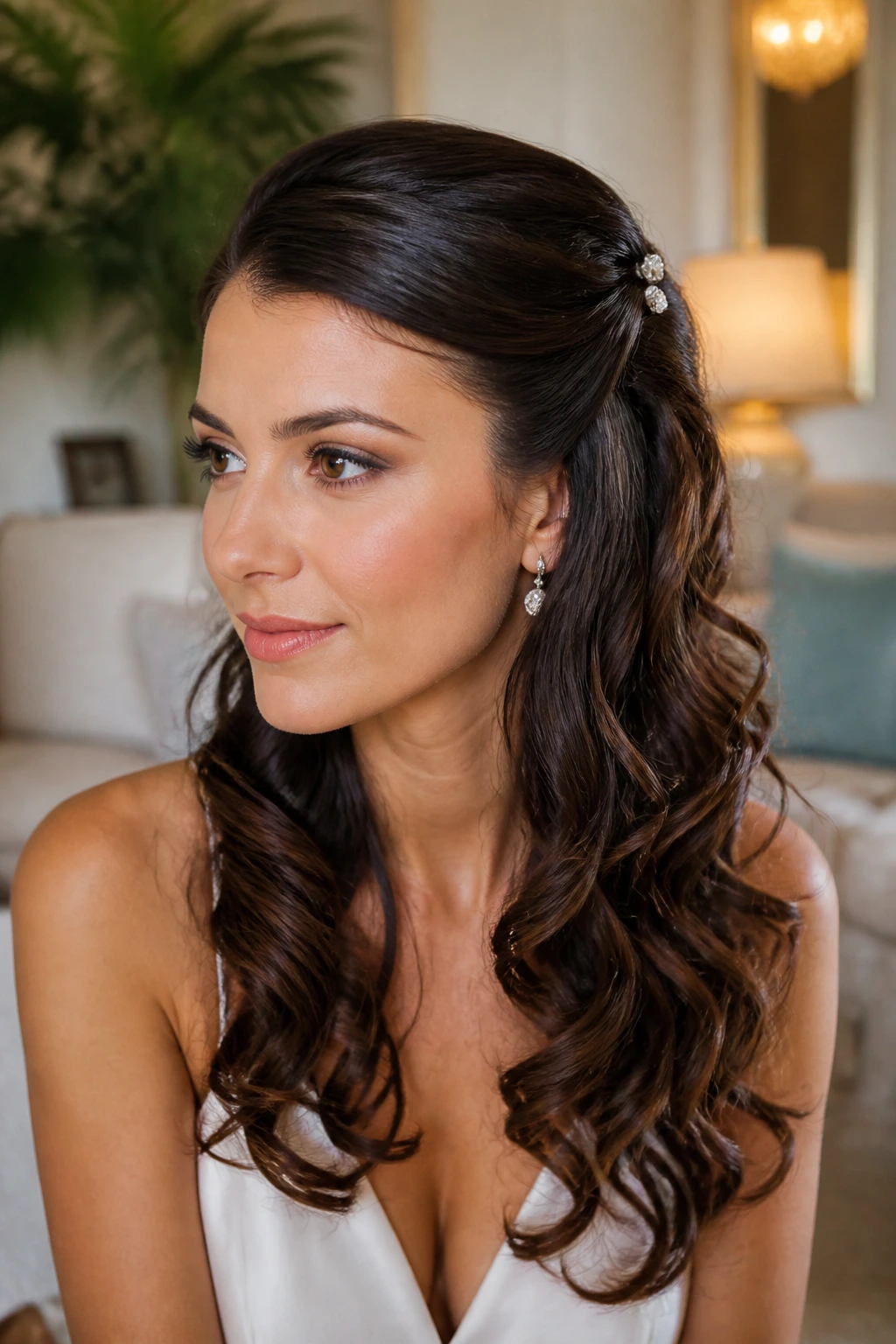 Close-up of a real woman with pinned-back curls cascading down