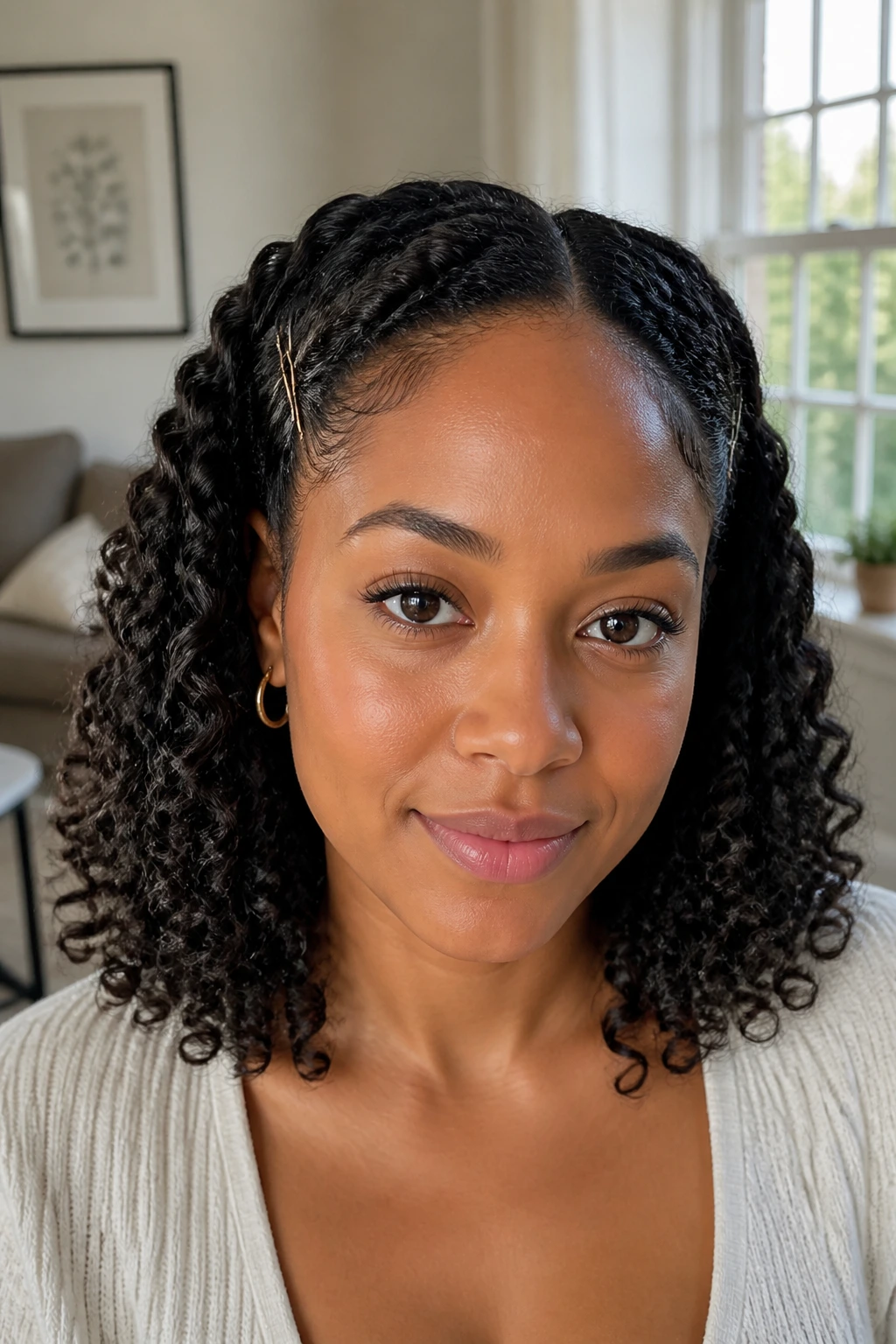 Close-up portrait of a real woman with pinned-back sides and full curls down the middle