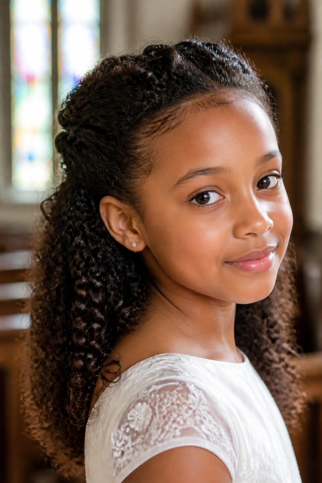 Close-up of pinned-back curls on a real girl under warm church lighting
