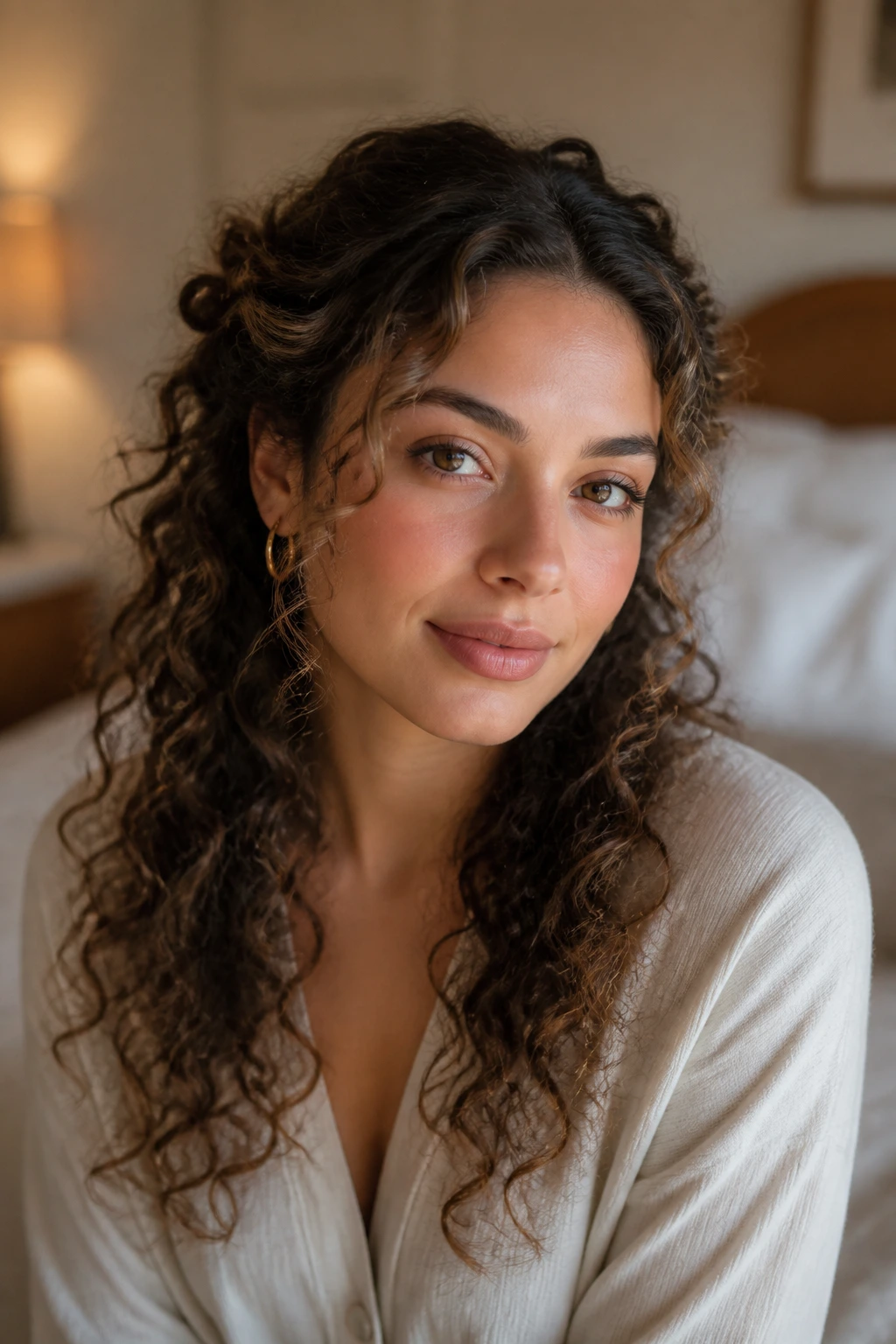 Portrait of a real woman with pinned-back curls