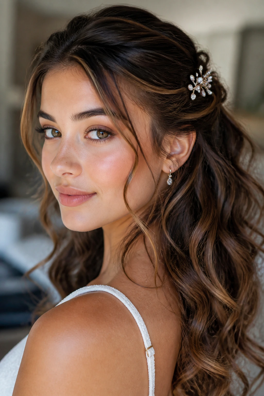 Close-up of a real woman's pinned-back curls with jeweled pins framing her face.