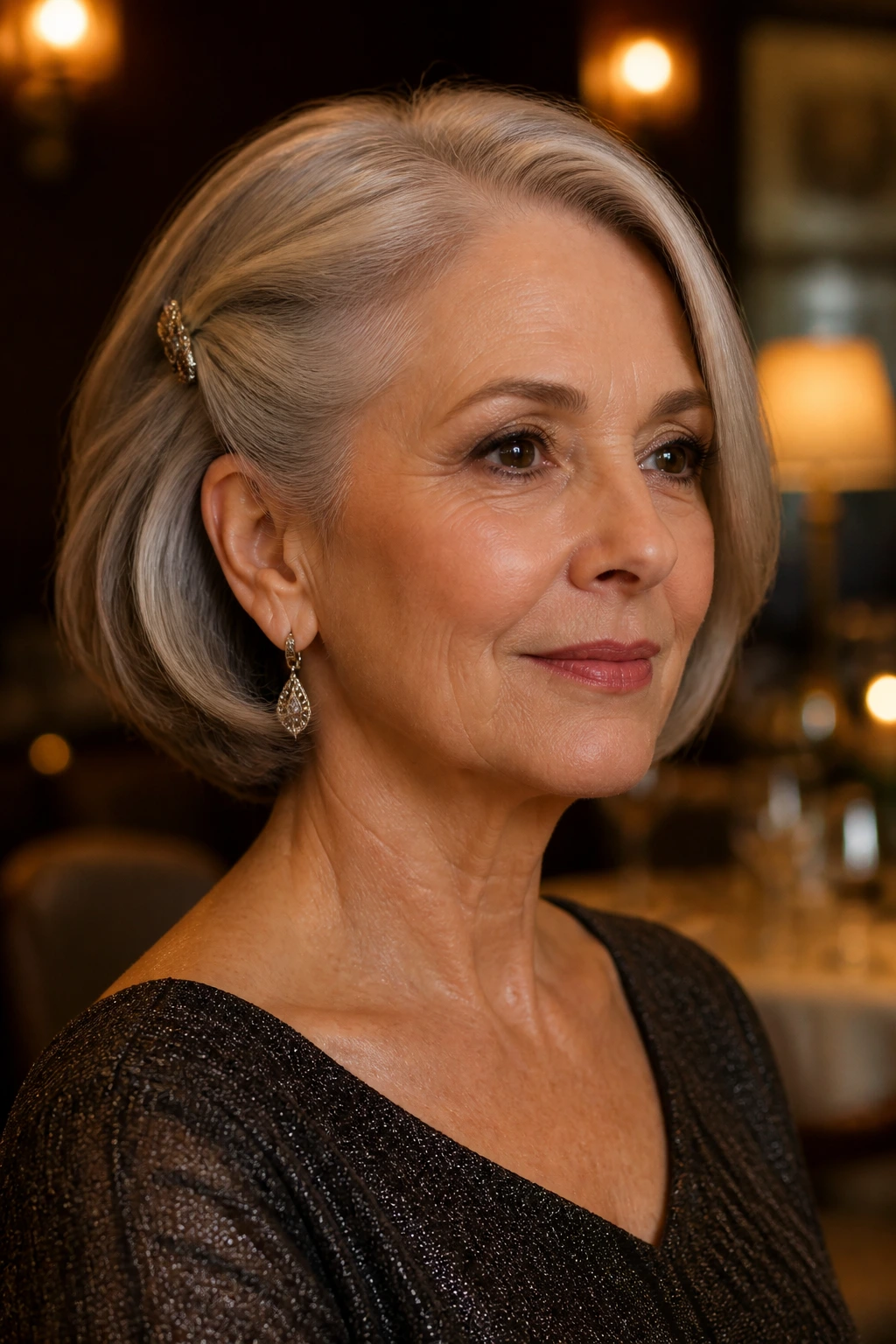 Close-up portrait of an older woman with a pinned-back evening bob