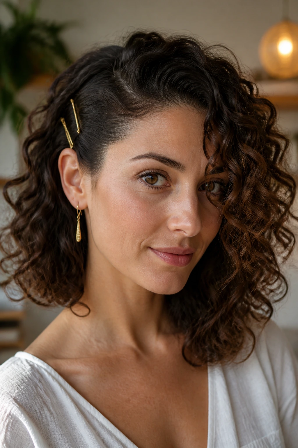 Close-up of a woman with pinned-back asymmetrical lob hairstyle