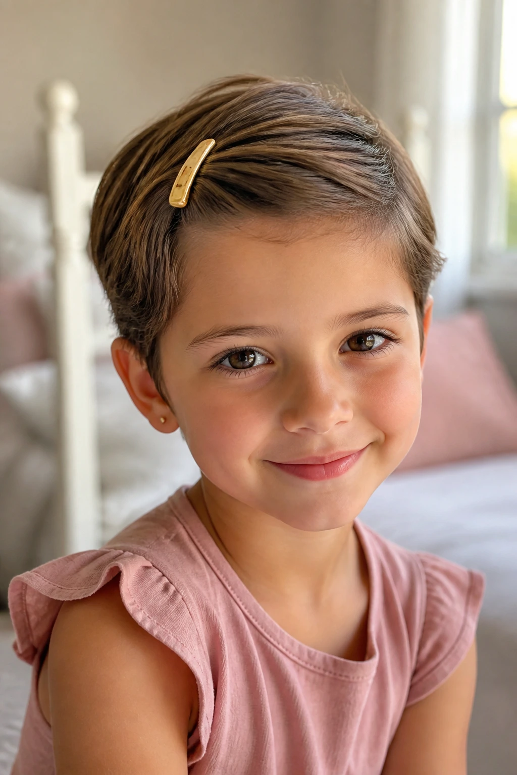 Close-up of a young girl with a pinned-back pixie and barrette, face visible