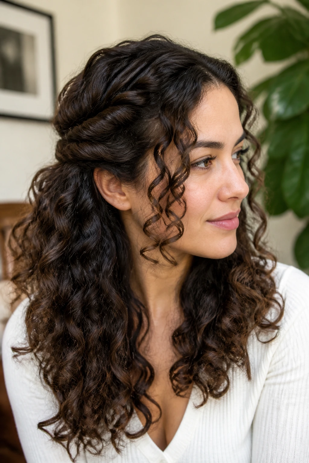 Real woman with pinned-back front twists framing her face
