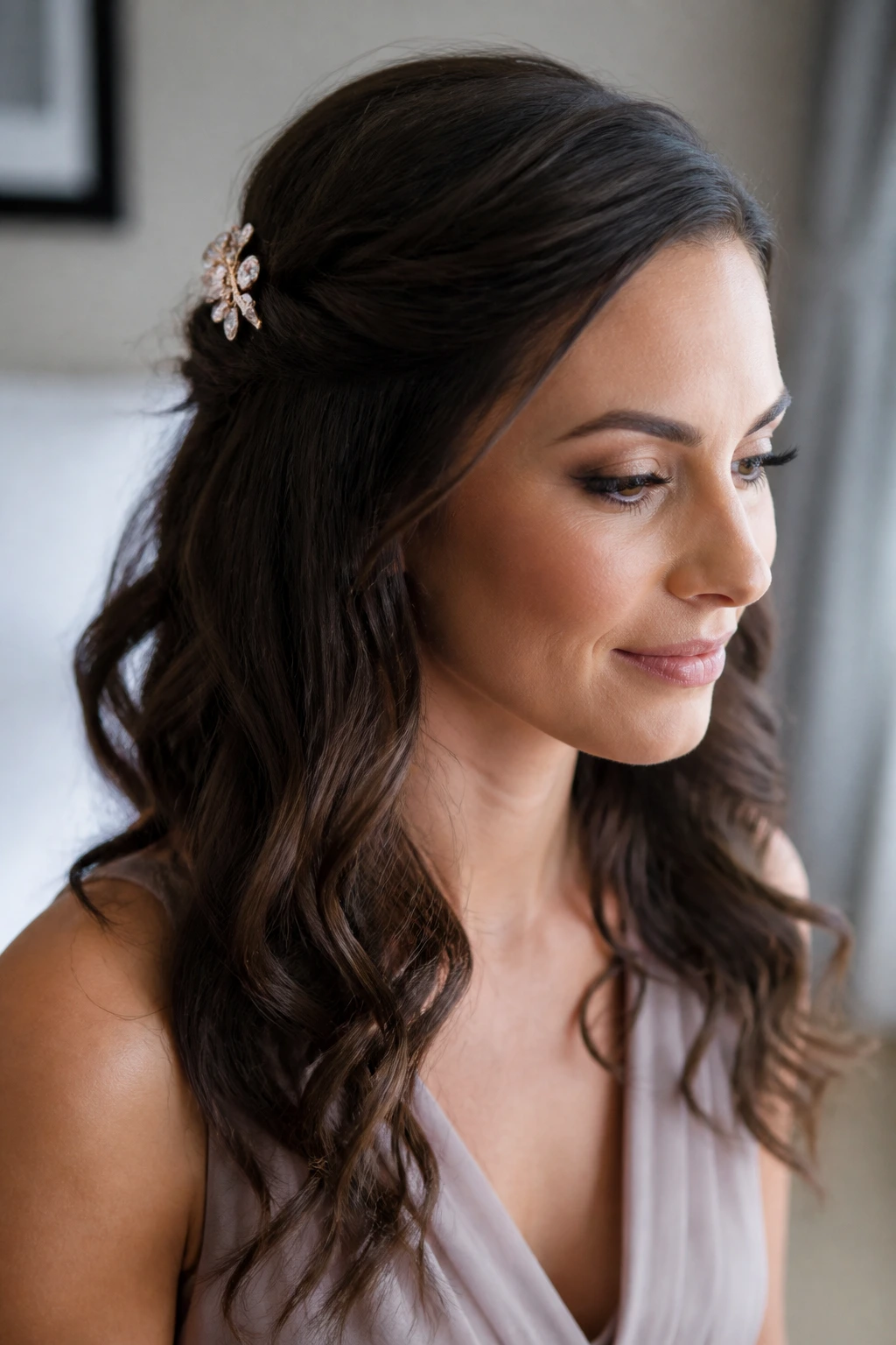 Waves pinned back with decorative barrette on real person