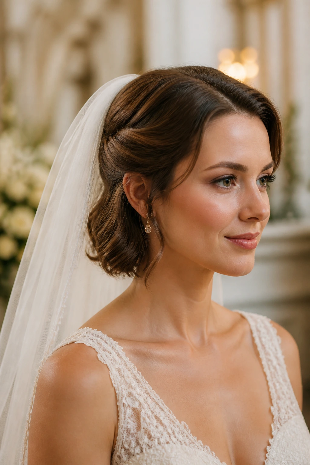 Bride with pinned-back waves and cathedral veil in soft lighting.
