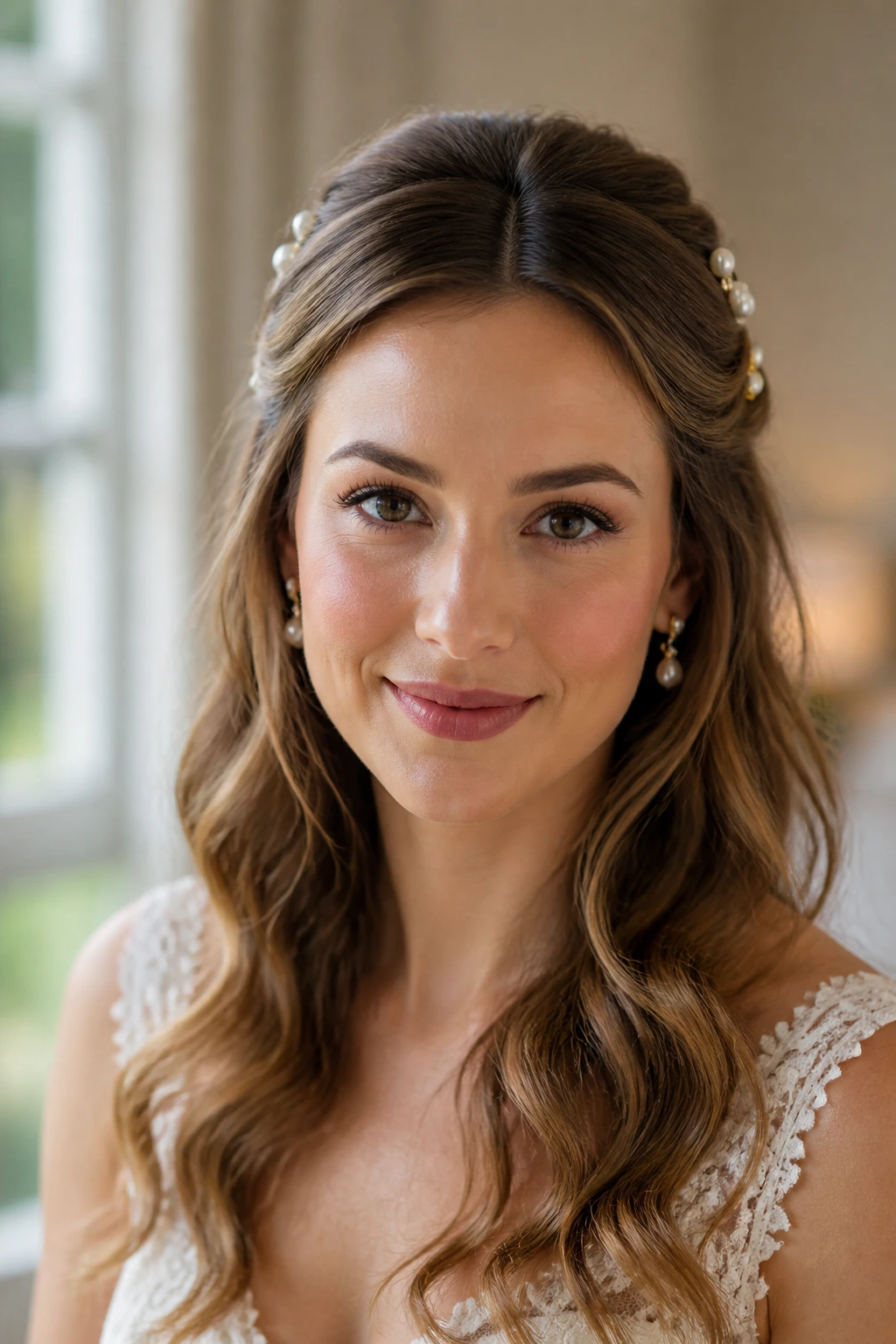 Front portrait of real bride with pinned-back waves and tiny clips