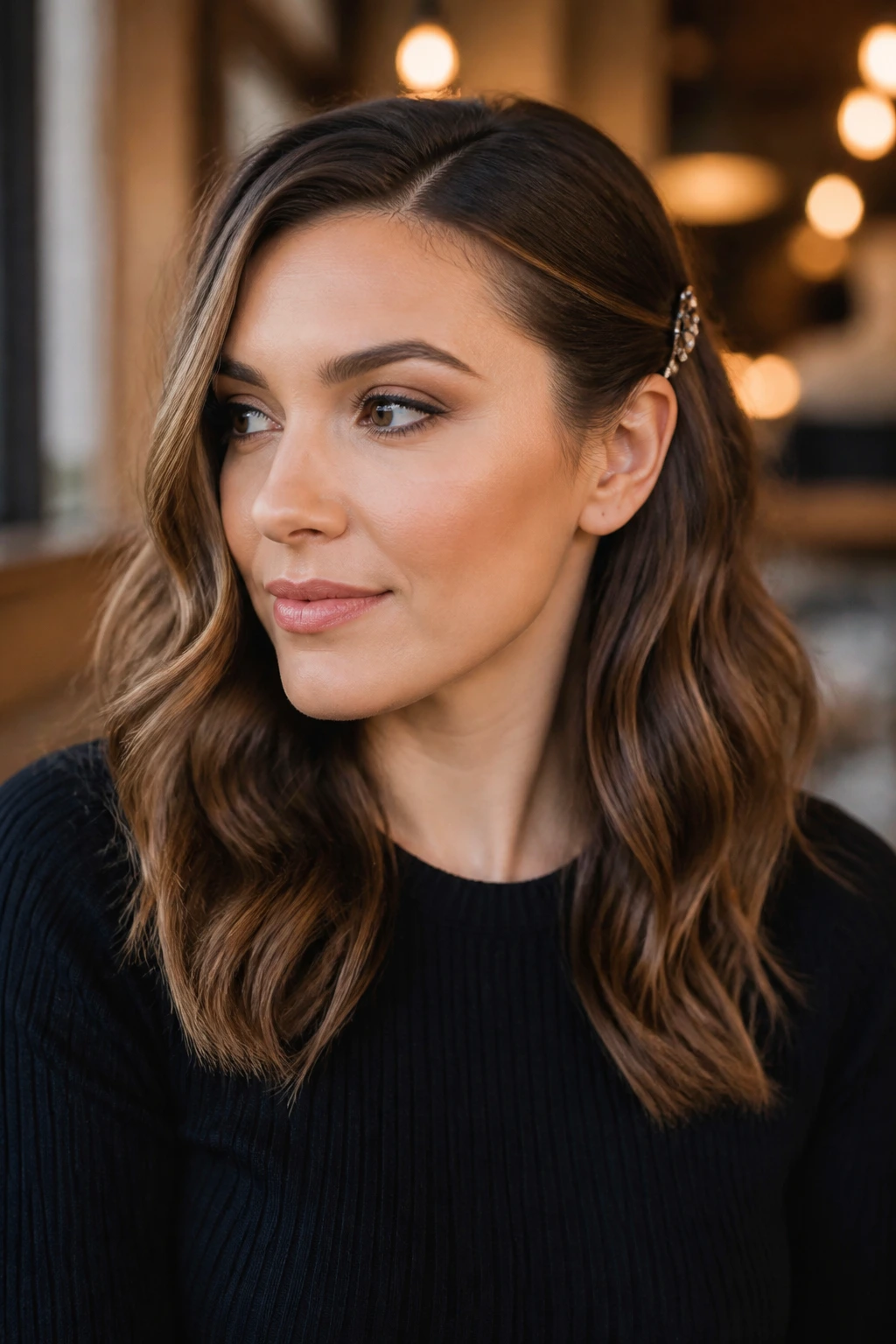 Close-up portrait of a woman with a pinned-back wave hairstyle