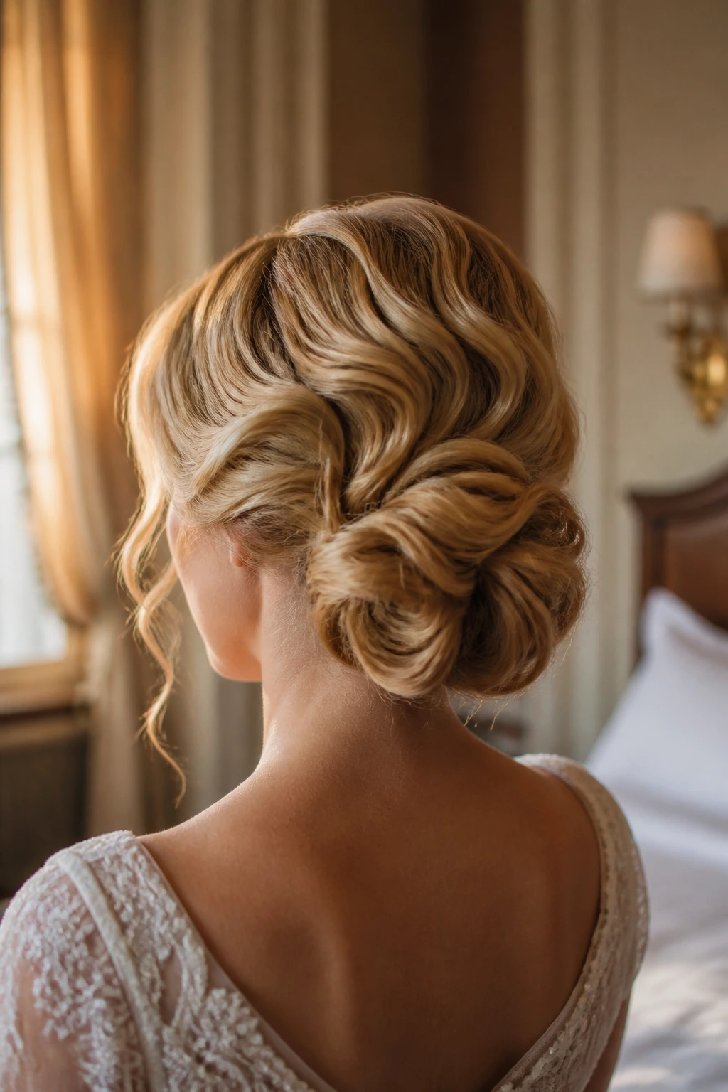 Bride with pinned barrel waves and soft knot