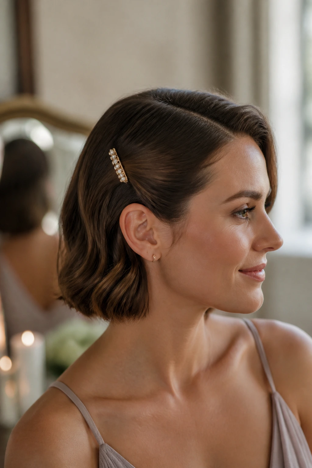 Portrait of a woman with a pinned bob and a soft bend behind the ear.