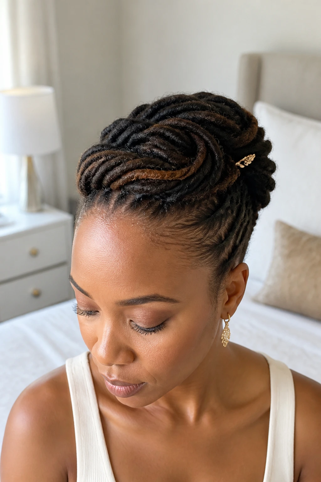 Portrait of a real woman with crown lift and tucked ends.