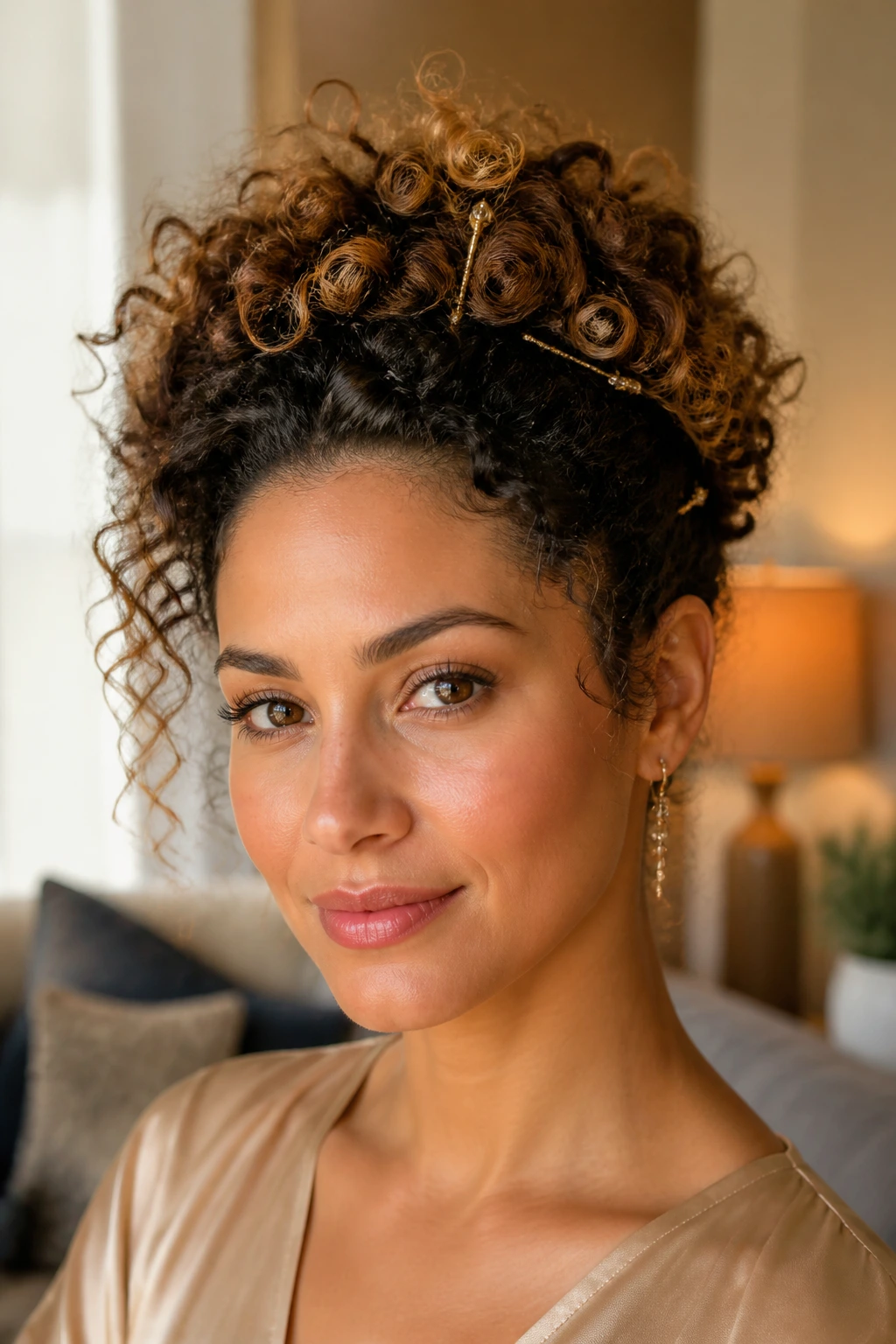 Close-up of a real woman with a pinned curl crown