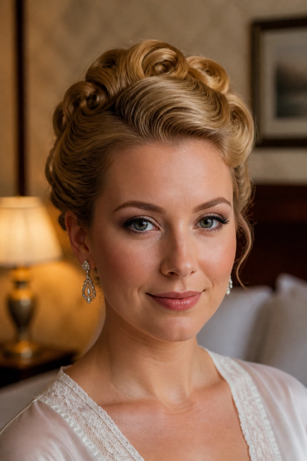 Close-up of a real bride with a pinned-curl vintage updo
