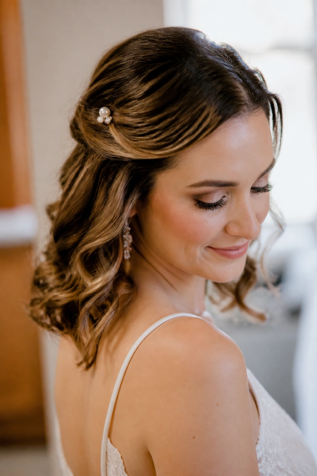 Close-up of a real bride with pinned-back shoulder-length curls and hair pins behind the ears
