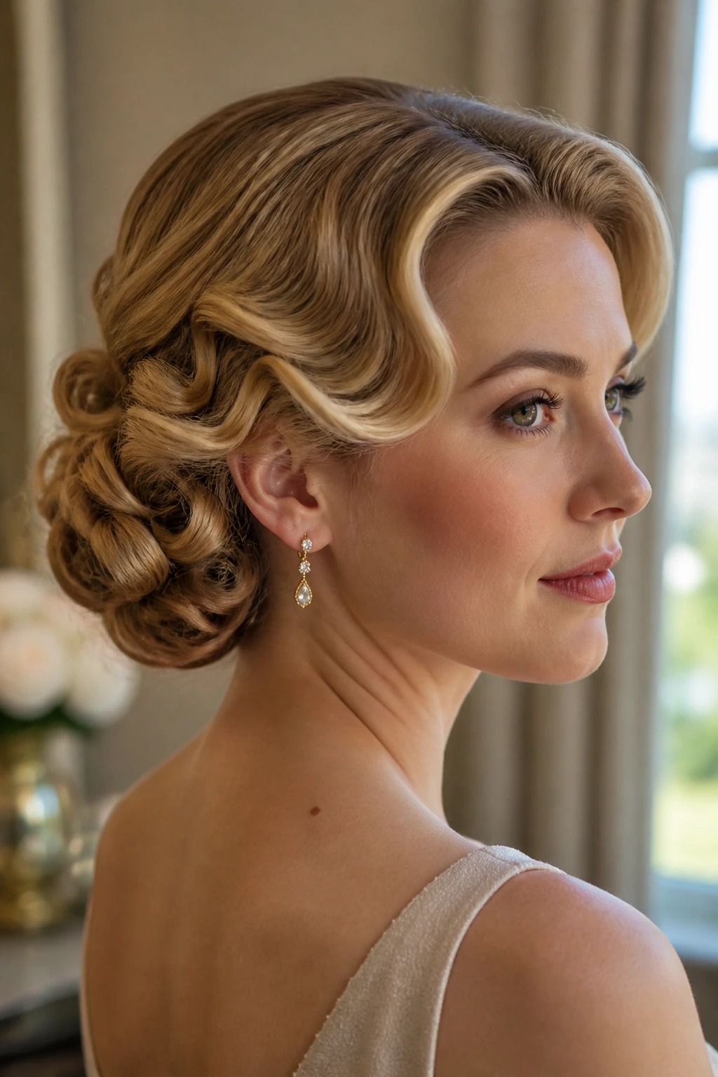 Close-up of pinned curls updo on real woman with vintage Hollywood styling.