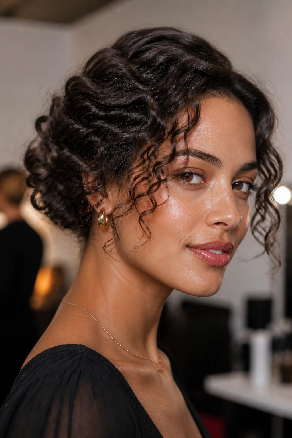 Close-up of a real woman with pinned faux bob hairstyle.