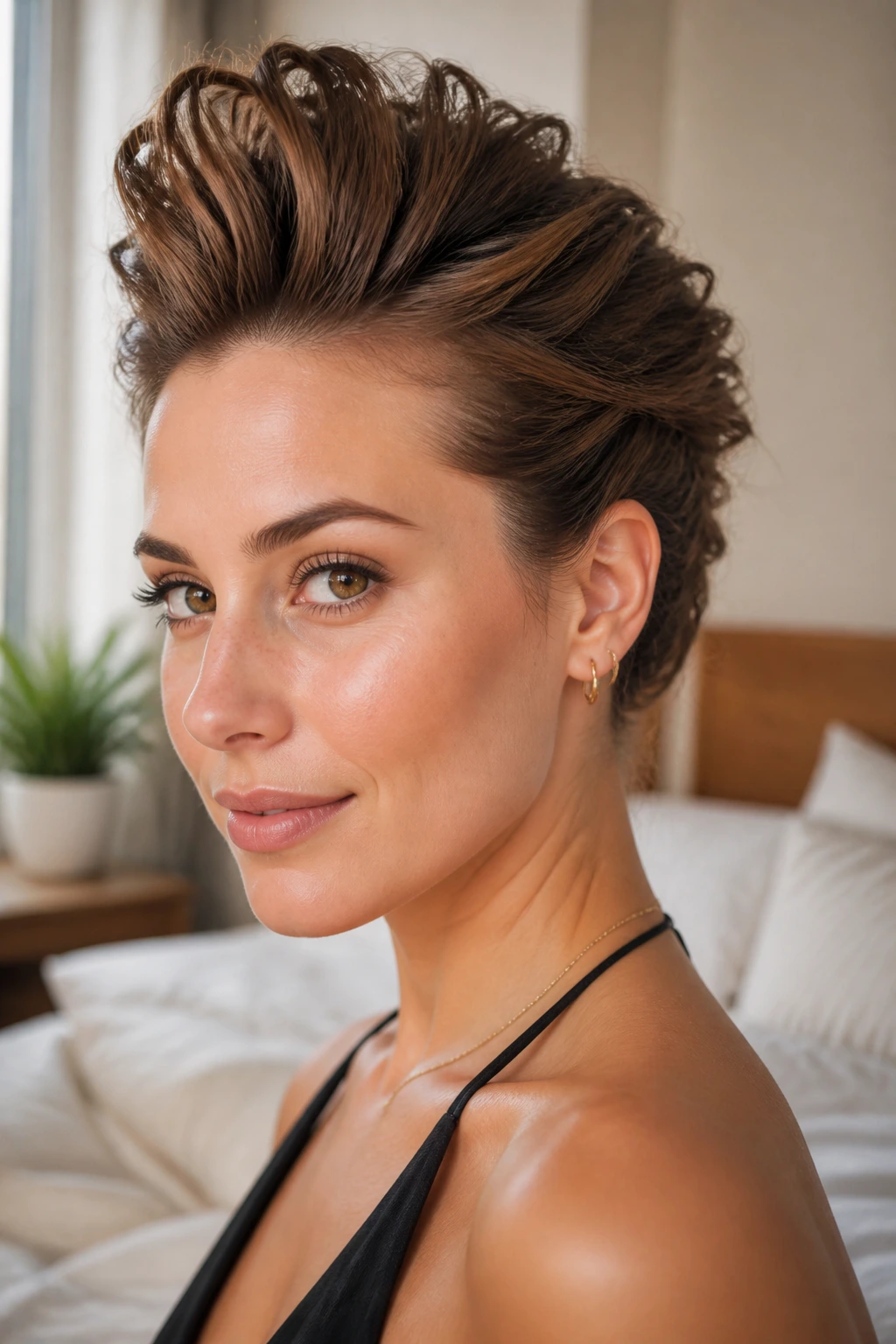 Close-up of a real woman with a pinned faux hawk updo, center lifted and sides pinned back, warm window light.