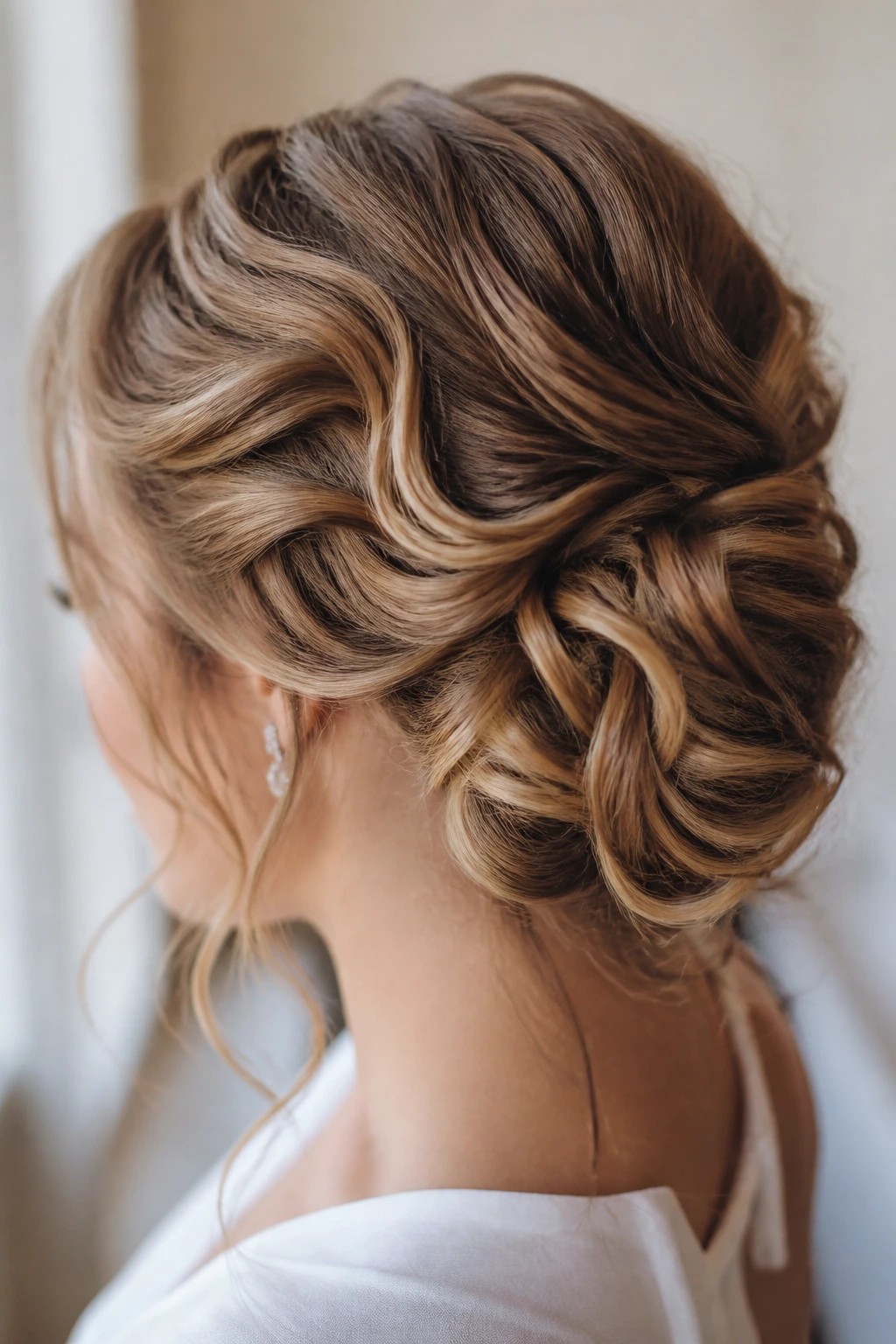 Real woman with pinned-in waves bun in bridal suite