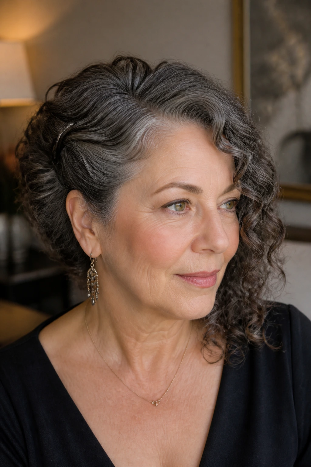 Real person with a soft pinned side roll hairstyle