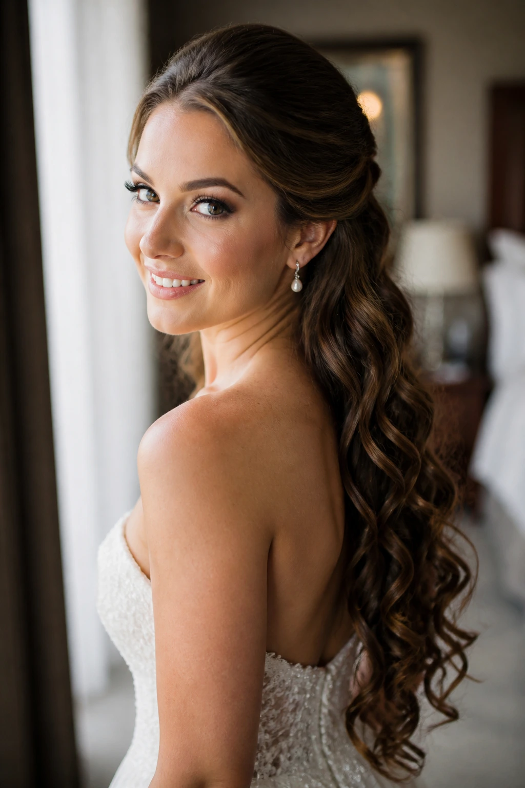 Close-up of a bride with pinned sides behind the ears and full back curls