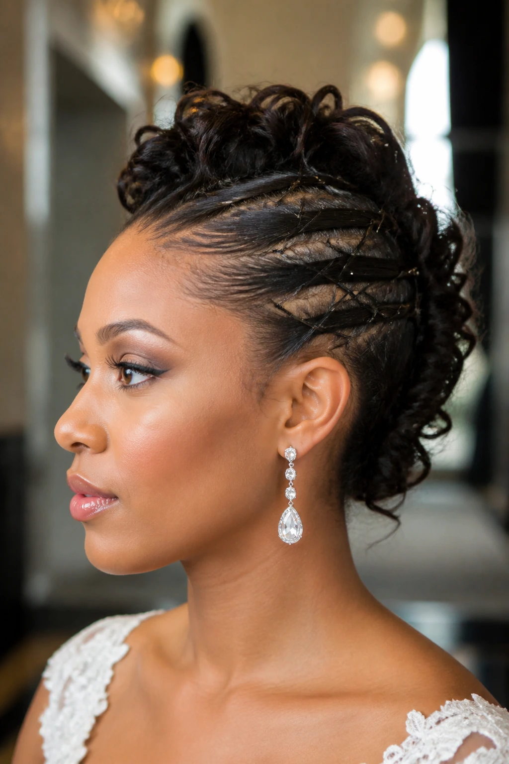 Portrait of a real person with a pinned-up formal mohawk