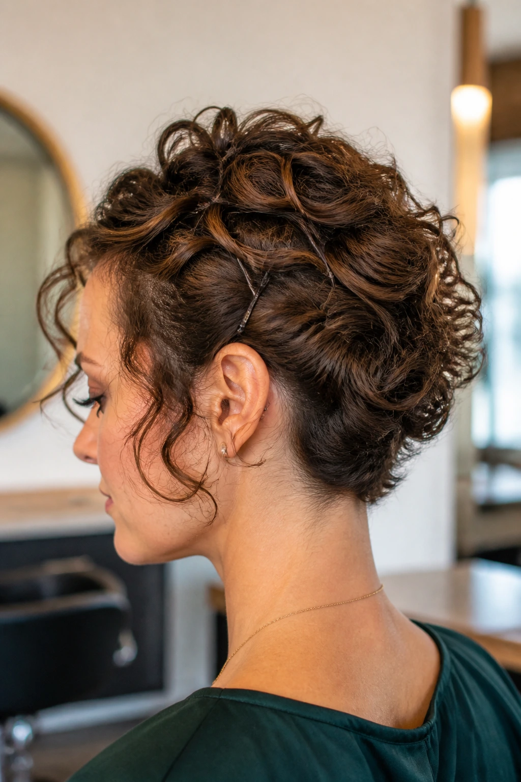 Close-up of short curls pinned into a textured updo