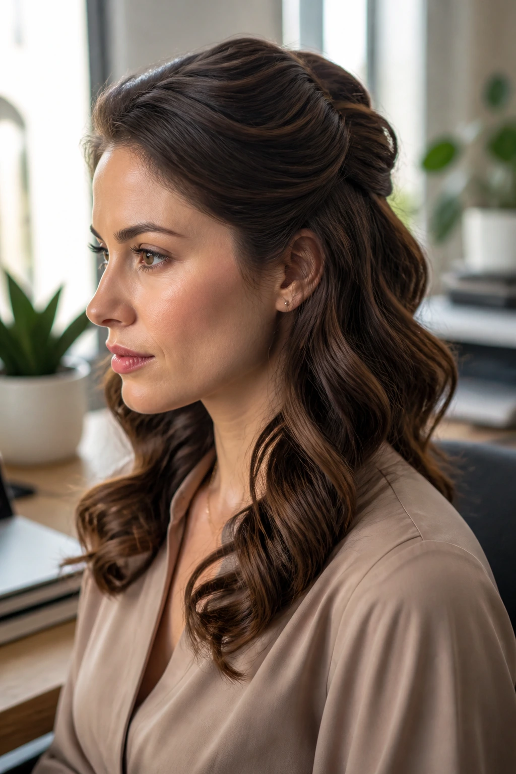 Close-up portrait of a woman with pinned waves in an office setting
