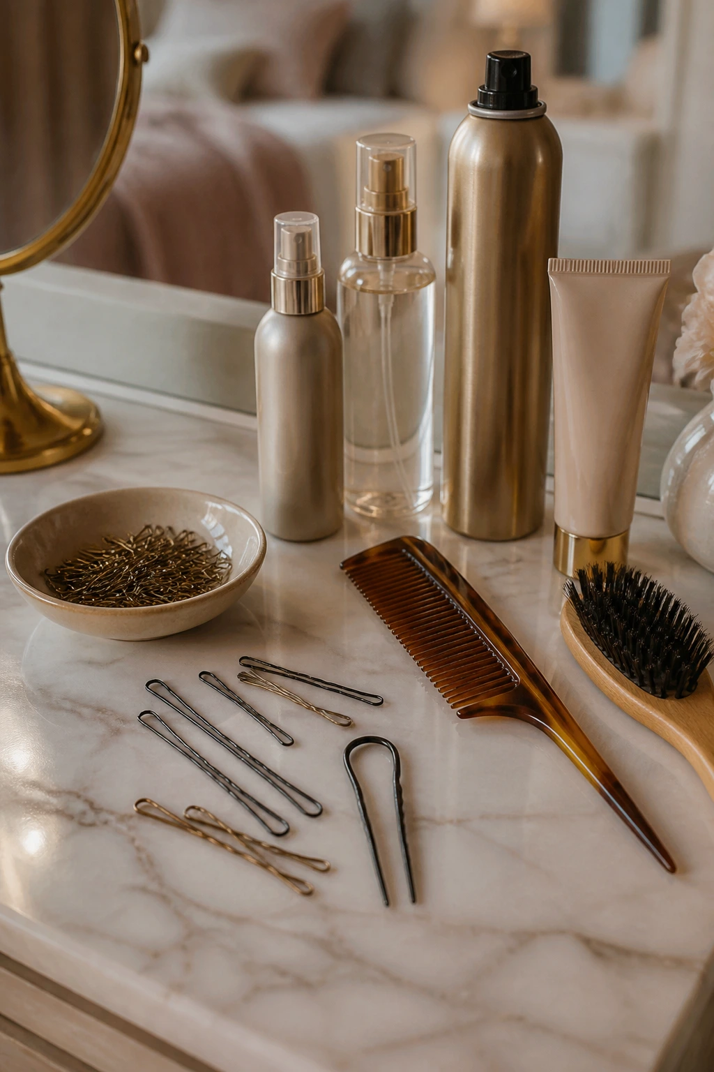 Still-life close-up of styling pins, a comb, and a spray on vanity surface