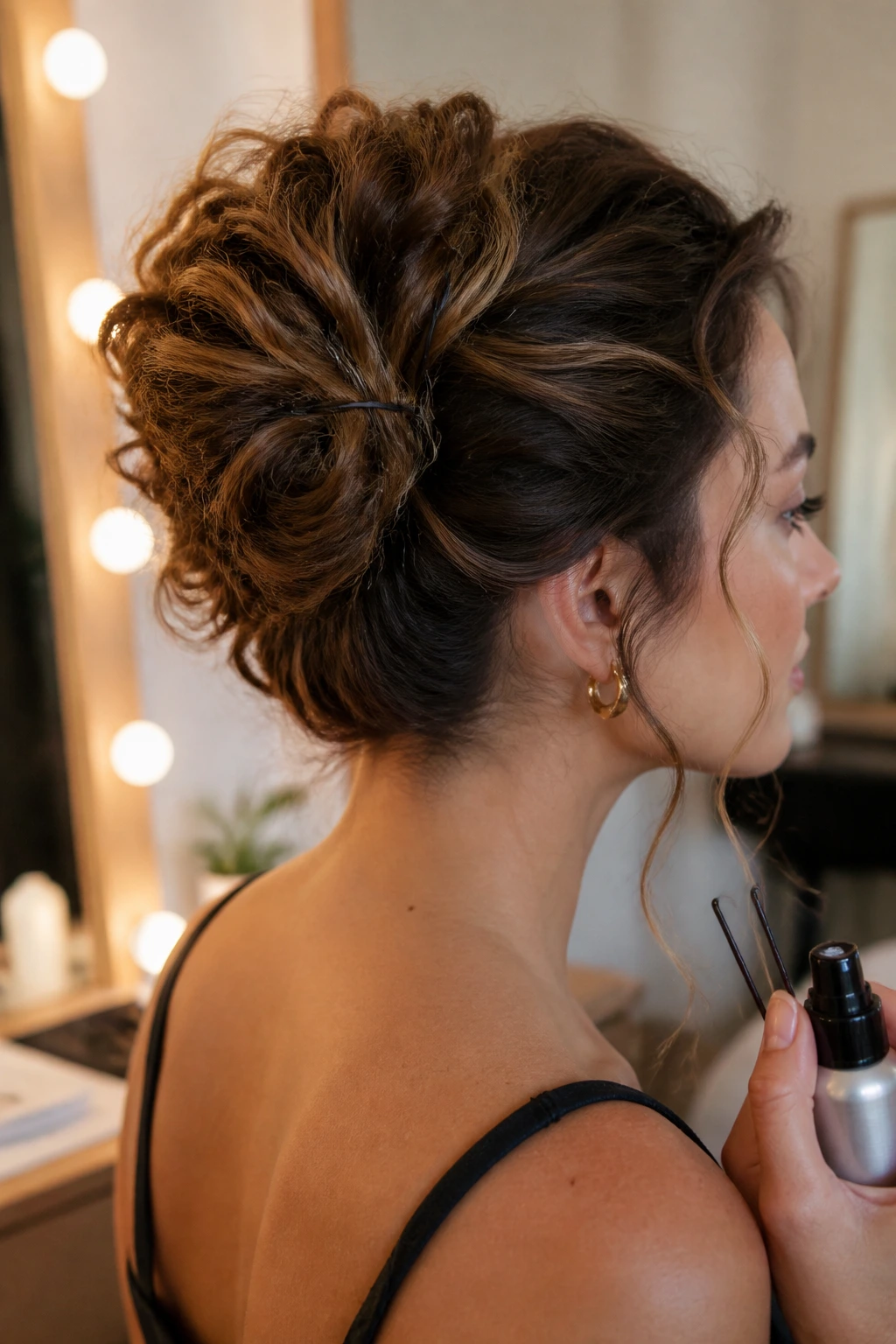 Portrait of a woman with an updo secured by pins and elastics