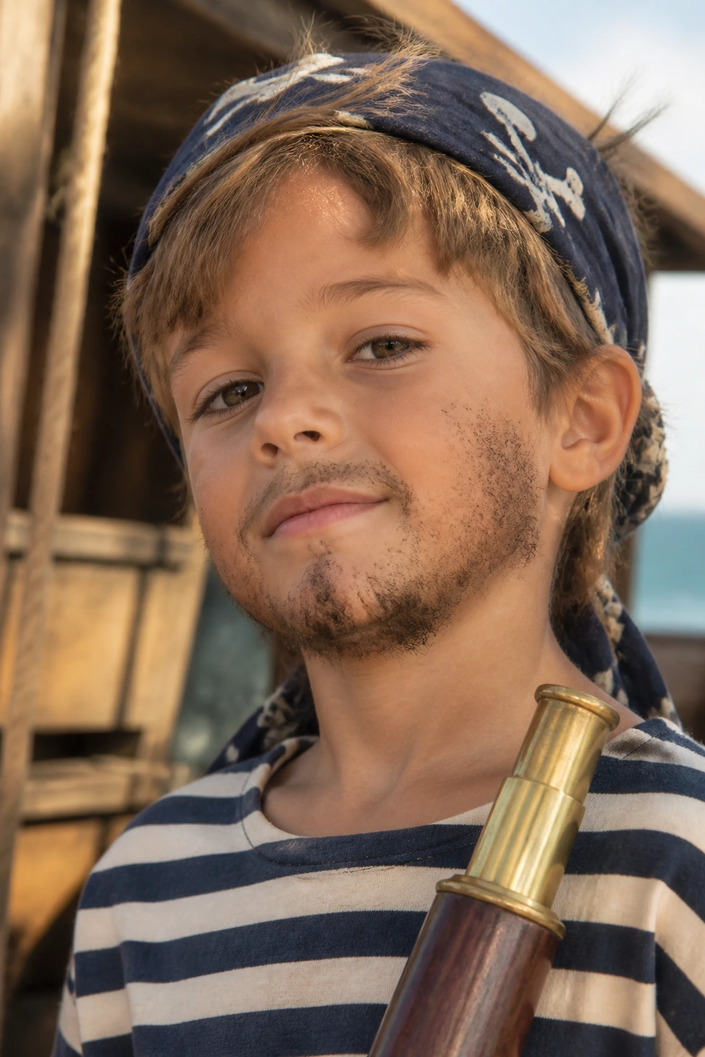 Close-up of a boy with pirate scruff and bandana
