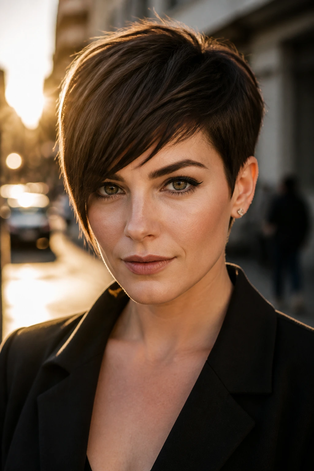 Close-up of a real person with an angular fringe pixie cut on a city street at golden hour.